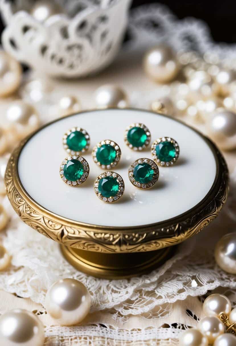 A vintage table adorned with emerald studs, surrounded by delicate lace and shimmering pearls, evoking 70s wedding earring ideas