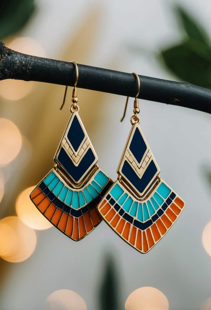 A pair of Art Deco-inspired fan-shaped earrings with a 70s aesthetic, featuring geometric patterns and bold colors