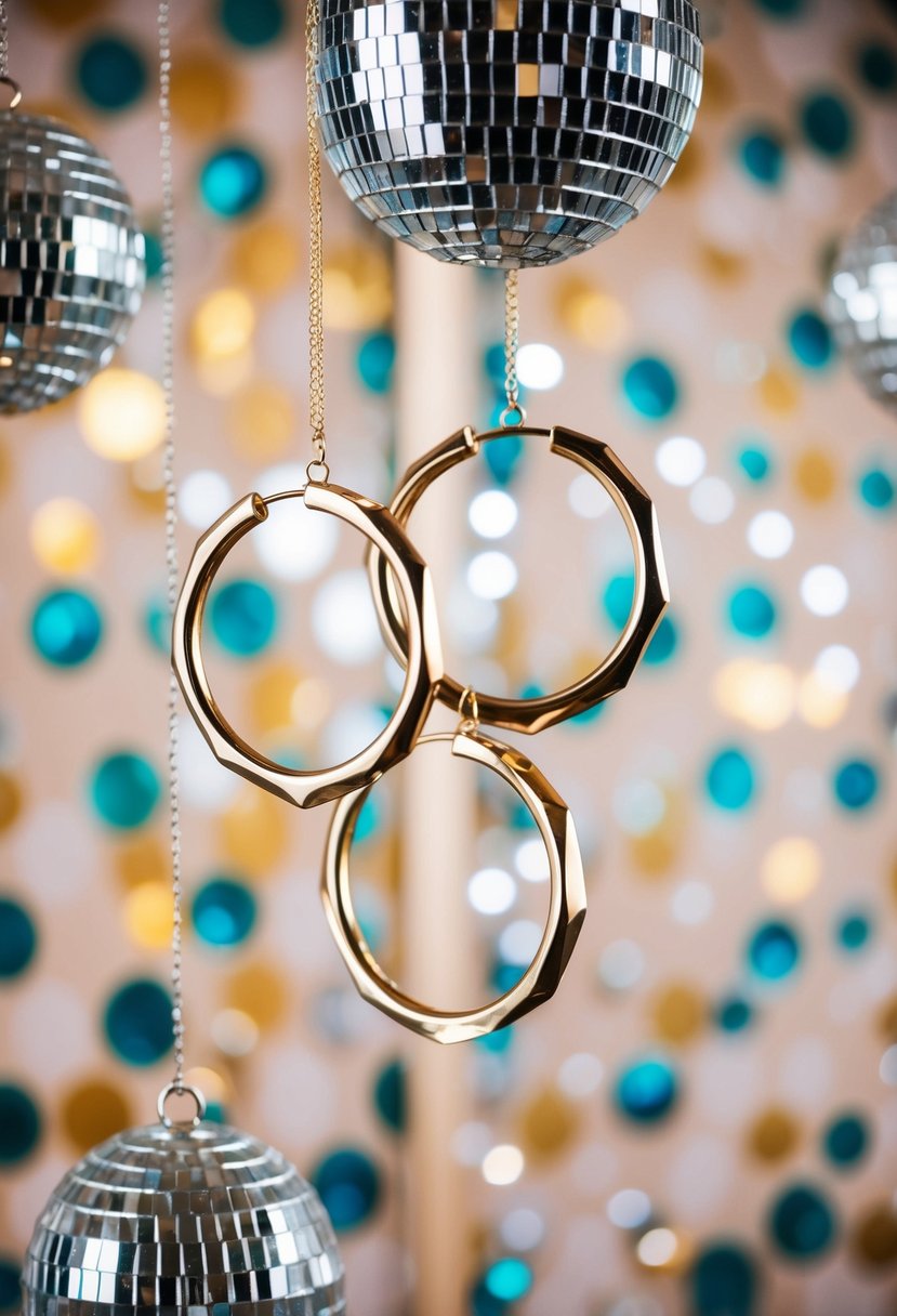 A pair of geometric hoop earrings suspended in mid-air, with a 70s-inspired wedding backdrop of disco balls and colorful retro patterns