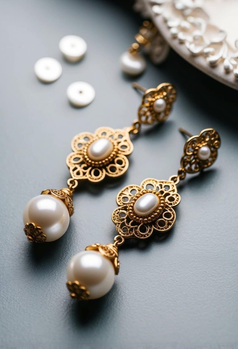 A vintage-inspired bridal earring with baroque pearl drops and intricate gold filigree details