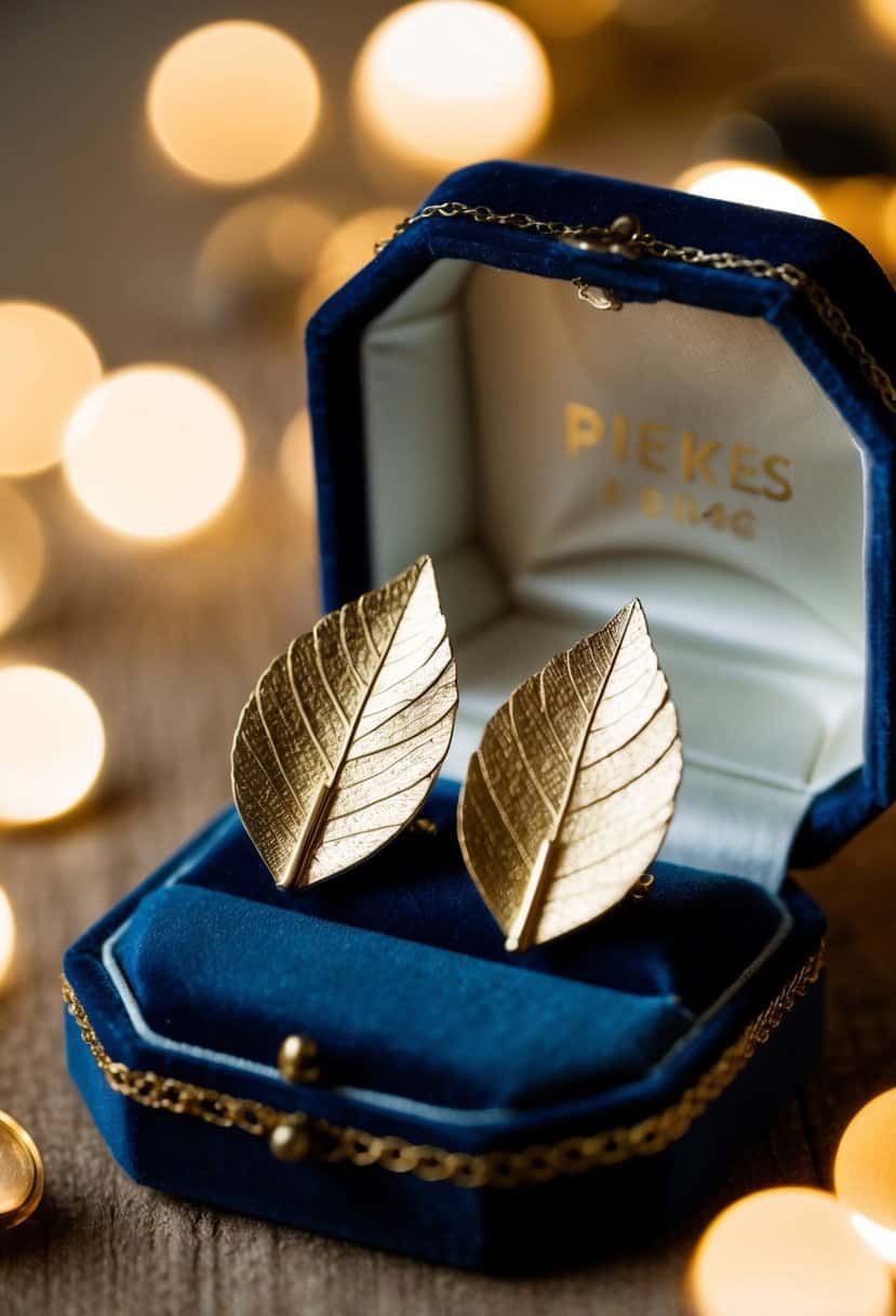 A pair of gold leaf earrings displayed on a vintage velvet jewelry box, surrounded by soft, warm lighting