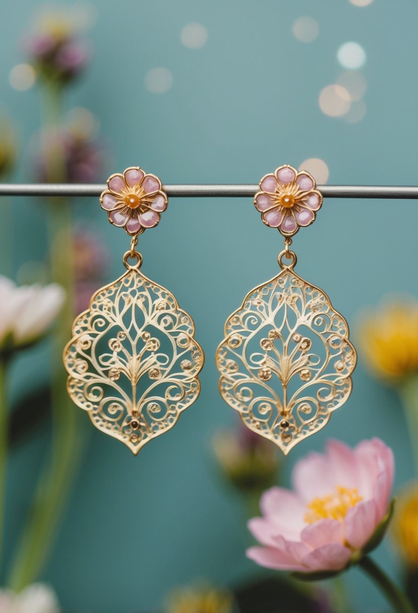 A pair of delicate, floral filigree dangle earrings from the 1970s, featuring intricate patterns and vintage charm