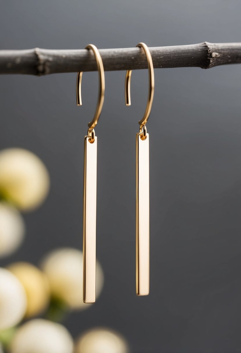 A pair of sleek, minimalist gold bars dangle from delicate hoops, evoking a 70s-inspired elegance for wedding earrings