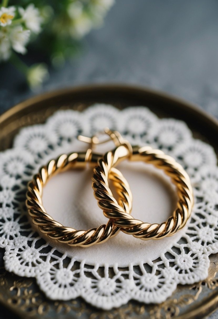 A pair of twisted rope hoop earrings with a 70s aesthetic, displayed on a vintage lace doily