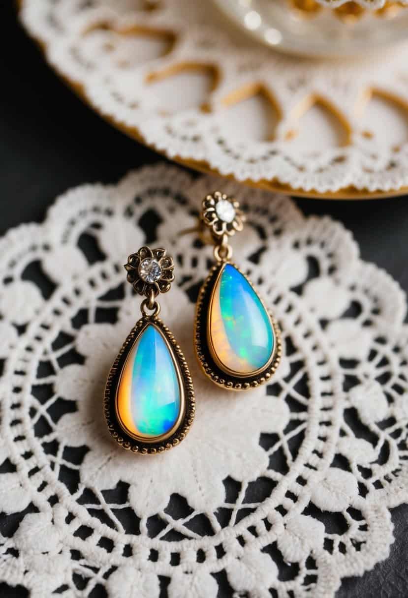 A pair of teardrop opal earrings, reminiscent of 70s style, displayed on a vintage lace doily