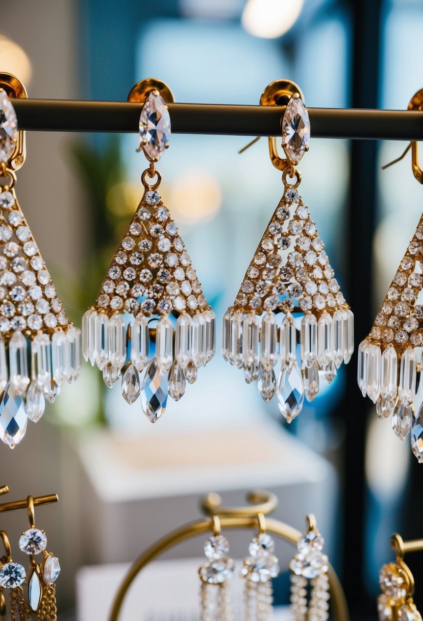 A pair of chandelier crystal earrings hang from a display, surrounded by other 80s wedding earring ideas