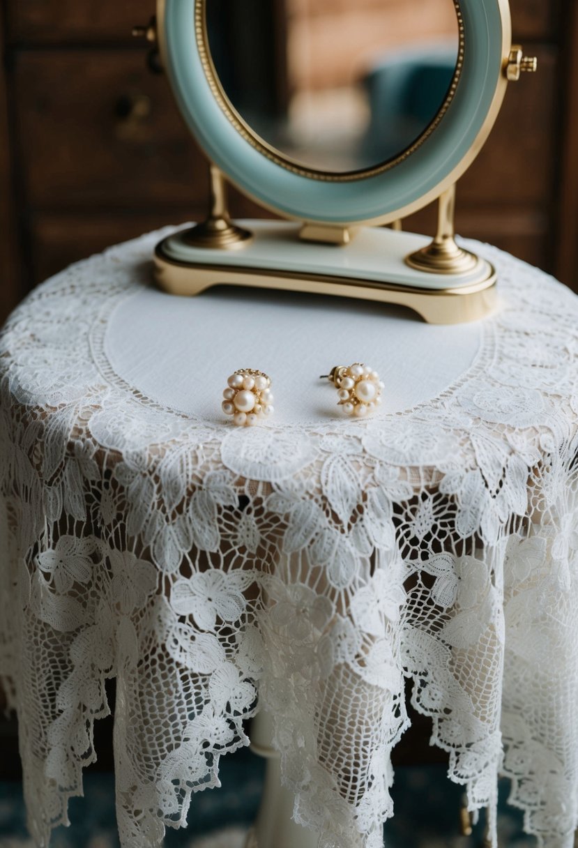 A delicate lace tablecloth draped over a vintage vanity, adorned with a pair of pearl drop earrings from the 1980s