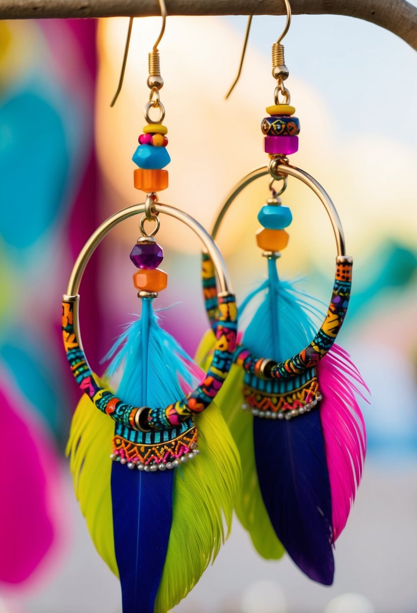 Colorful feather hoops dangle from a gold earring hook, accented with vibrant beads and intricate patterns, evoking a fun and free-spirited 80s wedding vibe