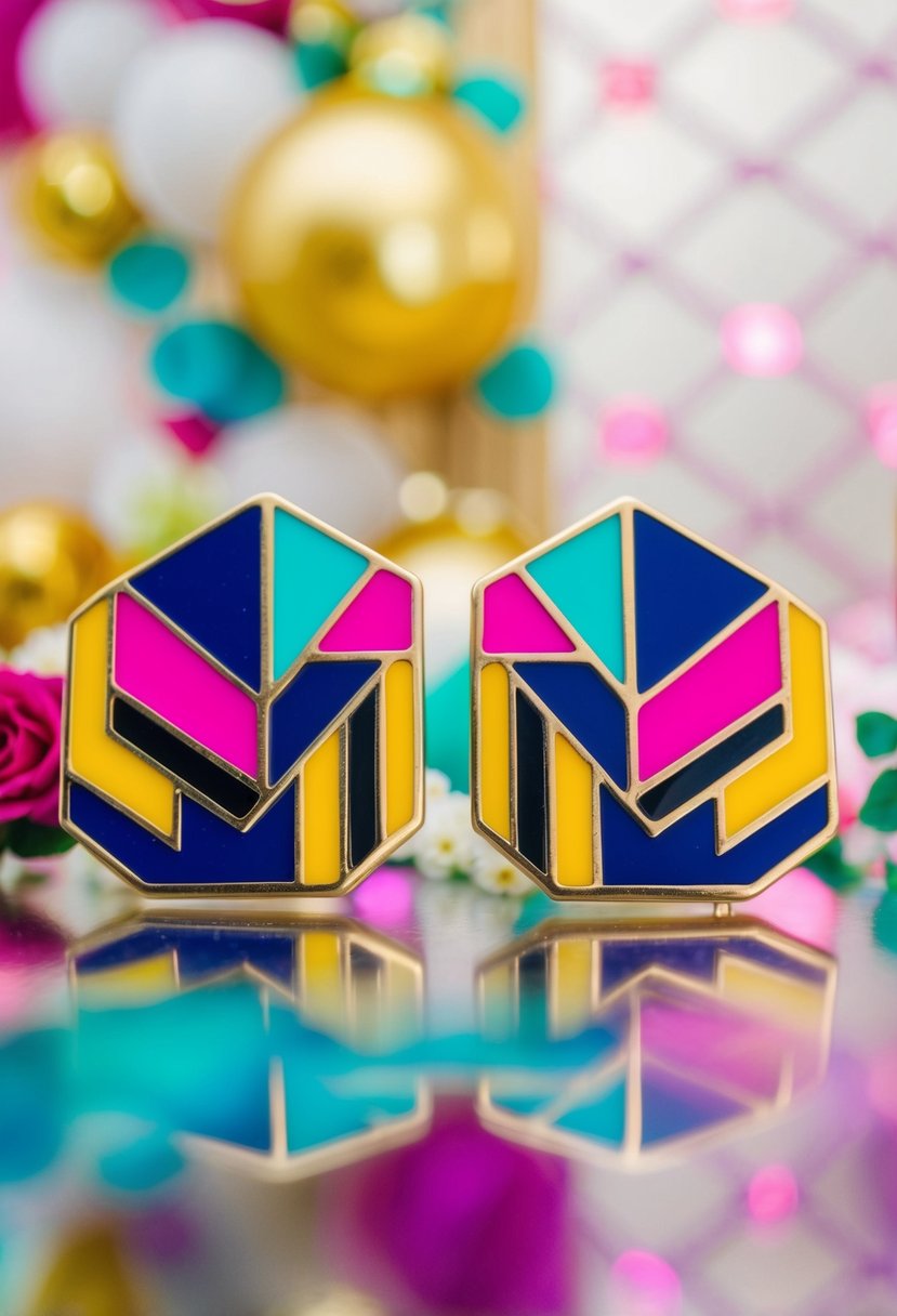 A glamorous pair of Art Deco studs, featuring bold geometric shapes and vibrant colors, set against a backdrop of 80s-inspired wedding decor