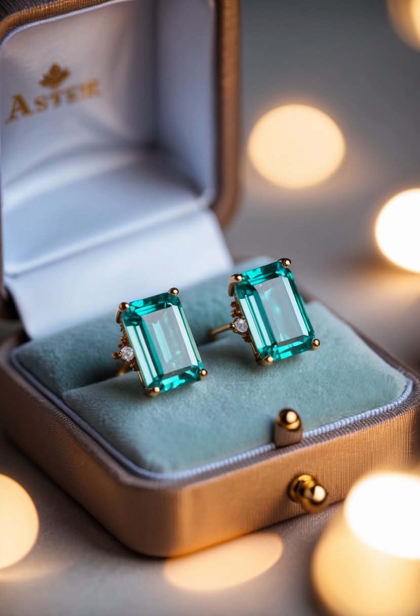 A pair of emerald-cut diamond earrings displayed on a velvet cushion under soft, warm lighting