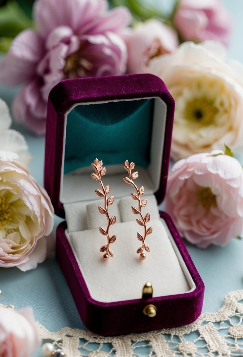 A pair of rose gold vine earrings delicately hanging from a vintage velvet jewelry box, surrounded by soft pastel-colored flowers and lace