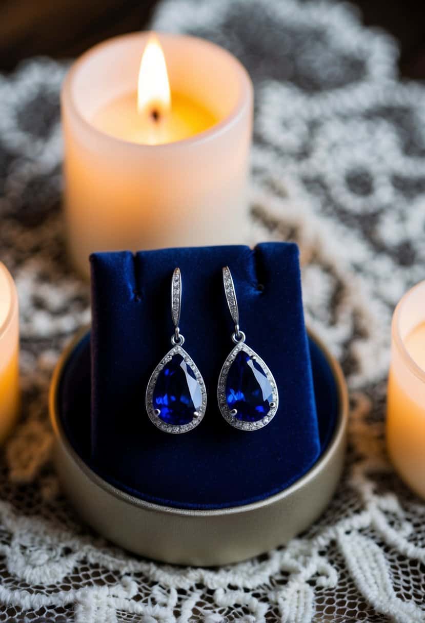 A pair of sapphire teardrop earrings displayed on a velvet cushion, surrounded by soft candlelight and vintage lace