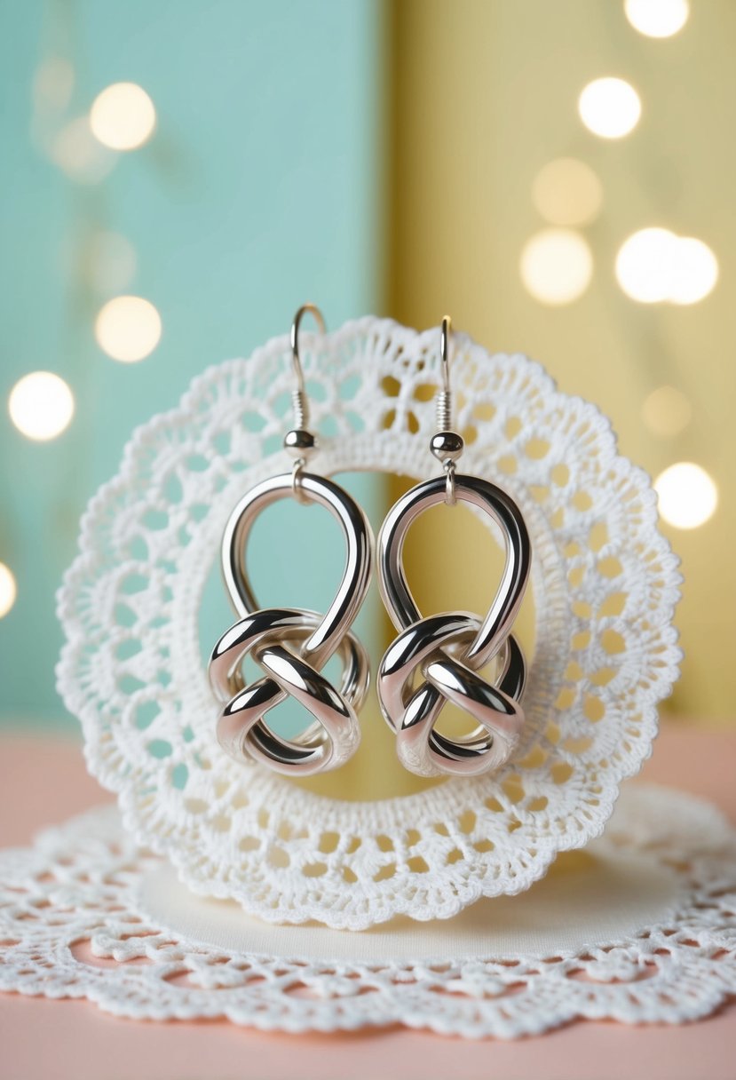 A pair of sterling silver knot loop earrings, with an 80s wedding theme, displayed on a vintage lace doily against a soft pastel background