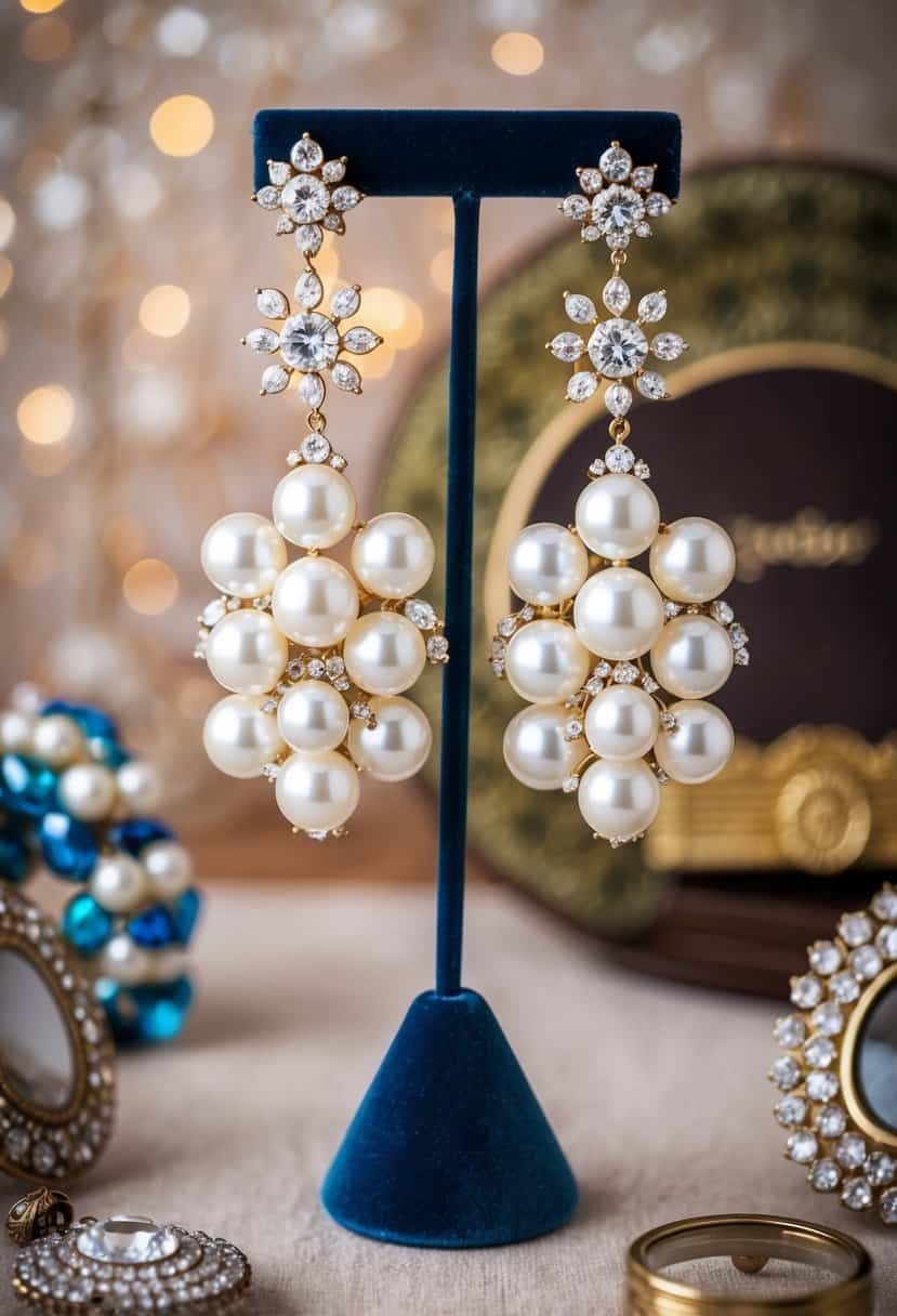 A pair of oversized, shimmering pearl and crystal cluster earrings hang from a vintage velvet jewelry stand, surrounded by other retro accessories