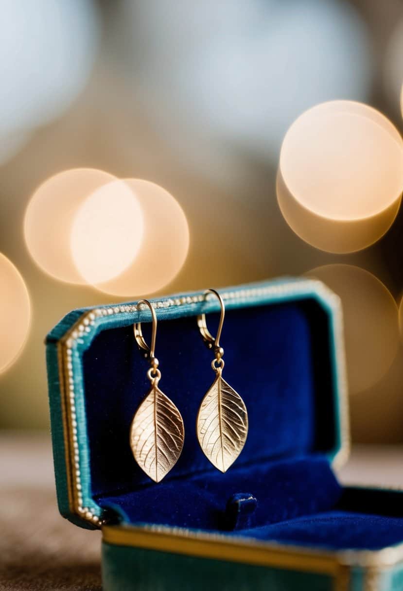 A pair of gold leaf drop earrings hanging from a vintage velvet jewelry box