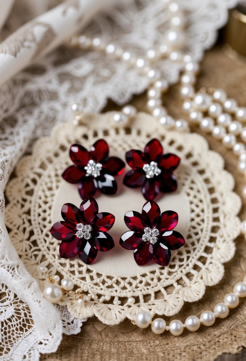 A pair of garnet flower earrings displayed on a vintage lace doily, surrounded by delicate pearls and lace fabric