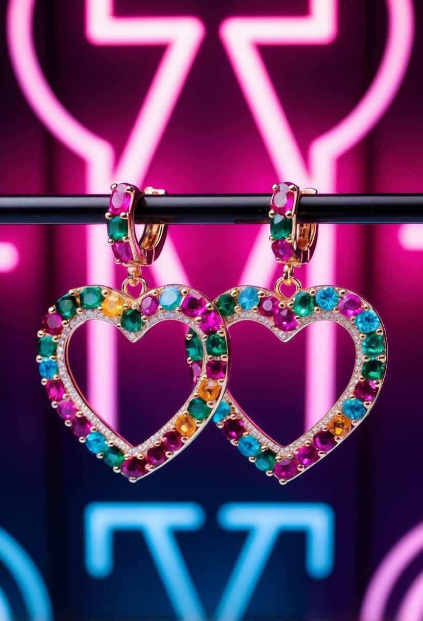 A pair of oversized heart-shaped hoop earrings with colorful gemstones, set against a backdrop of neon lights and geometric patterns