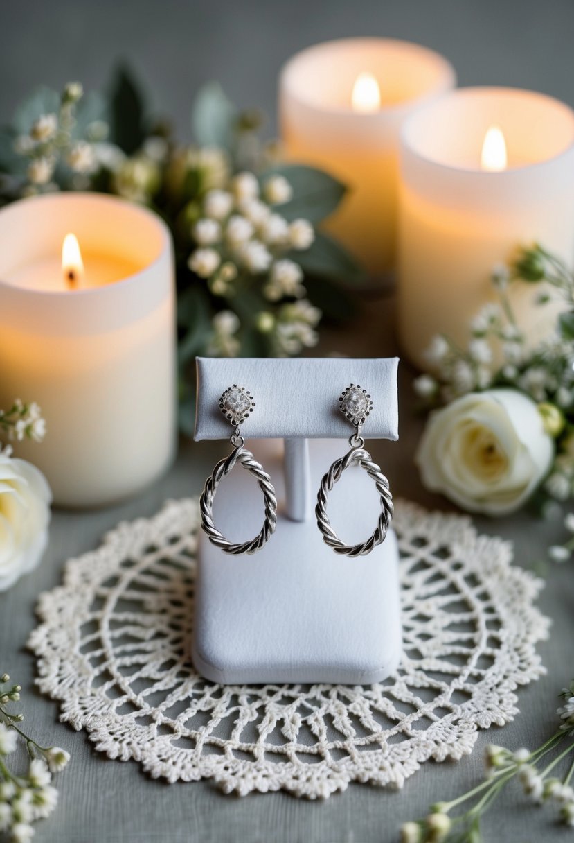 A pair of sterling silver twist earrings displayed on a vintage lace doily, surrounded by delicate floral arrangements and soft candlelight