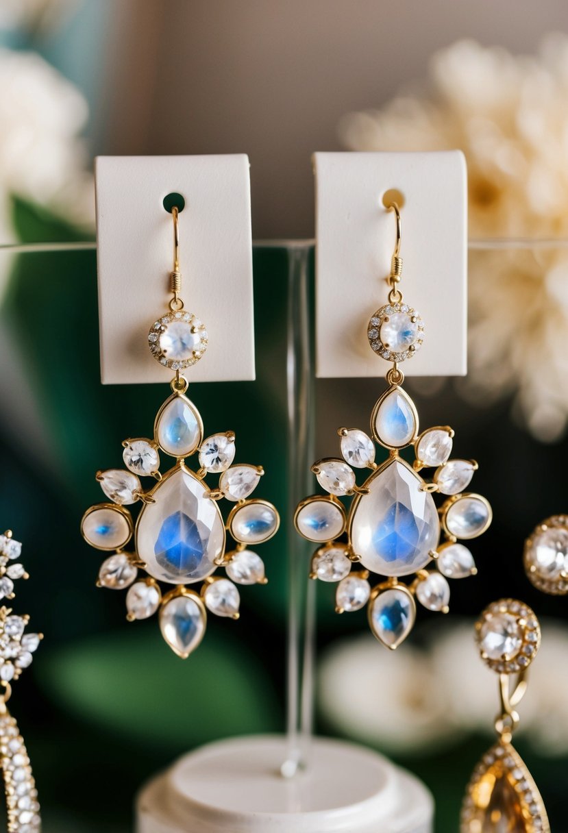 A pair of moonstone chandelier earrings hangs from a display, surrounded by other 80s wedding earring ideas