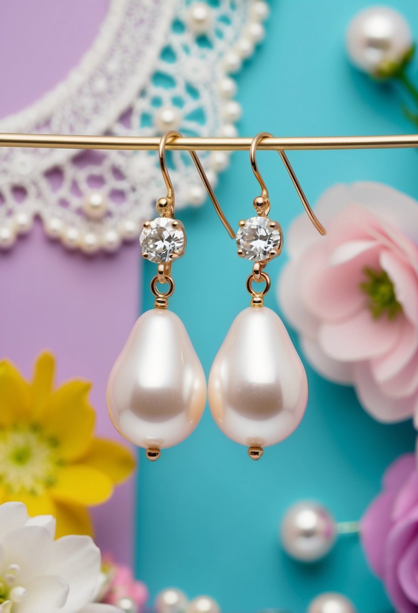 A pair of pearl drop dangle earrings set against a backdrop of 90s wedding elements such as lace, pearls, and pastel colors