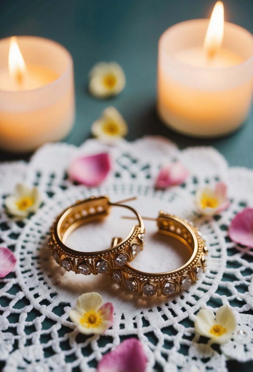 A close-up of vintage hoop earrings on a lace doily, surrounded by delicate flower petals and soft candlelight