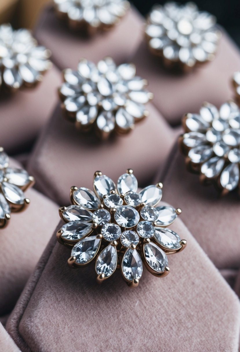 A close-up of clustered crystal studs, reminiscent of 90s wedding fashion, arranged on a velvet jewelry display