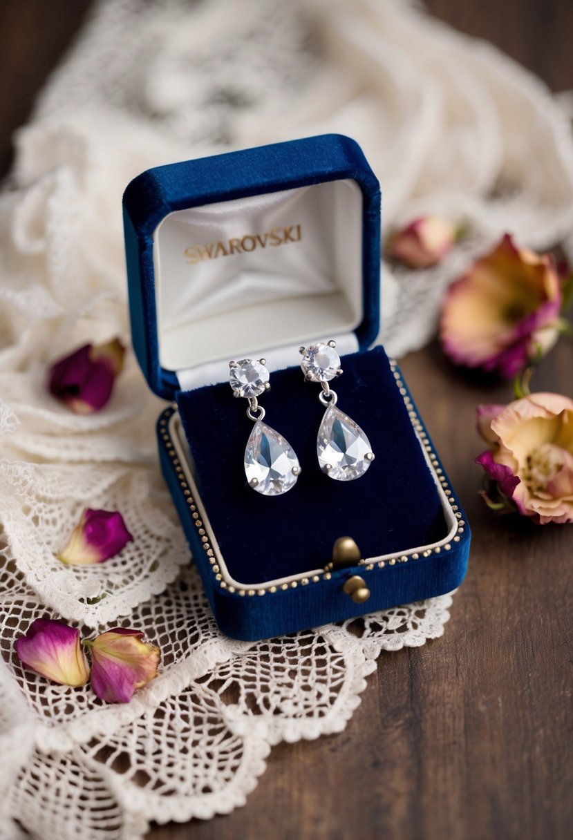 A pair of Swarovski teardrop earrings dangle from a vintage velvet jewelry box, surrounded by delicate lace and dried rose petals