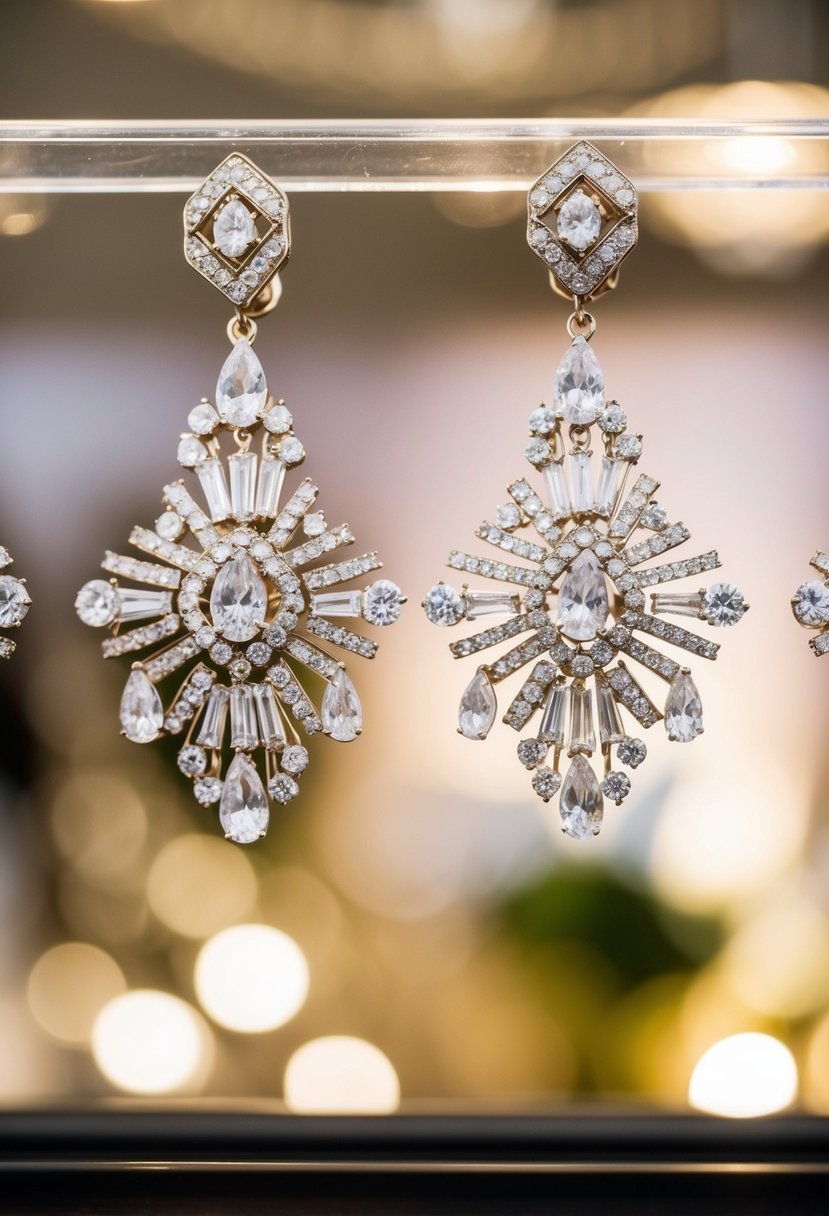 A pair of glamorous Art Deco chandelier earrings dangle from a display, evoking 90s wedding elegance. Sparkling gems catch the light, adding a touch of vintage glamour to the scene