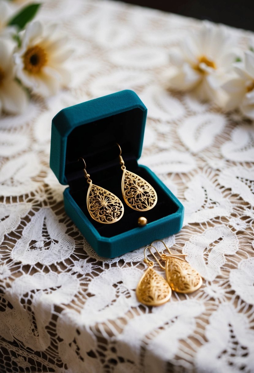 A pair of delicate gold filigree drop earrings hanging from a vintage velvet jewelry box on a lace tablecloth