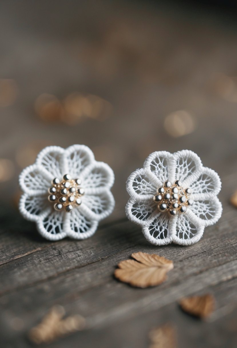 A pair of delicate floral lace studs, reminiscent of 90s wedding fashion, with intricate details and a vintage charm