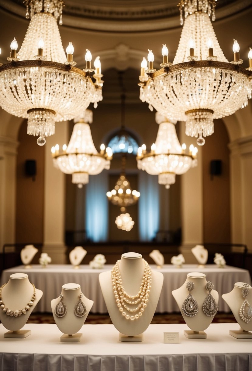 A grand ballroom with antique pearl chandeliers casting a warm glow over elegant 90s wedding earring designs on display