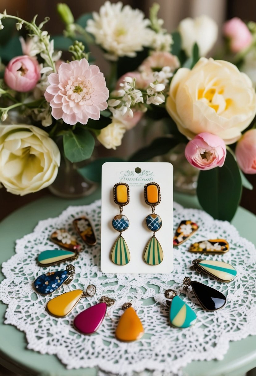 A vintage-inspired table with various retro clip-on earrings displayed on a lace doily, surrounded by delicate floral arrangements