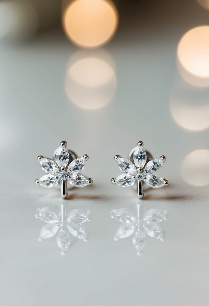 A pair of cubic zirconia earrings in the shape of delicate leaves, reminiscent of 90s wedding fashion