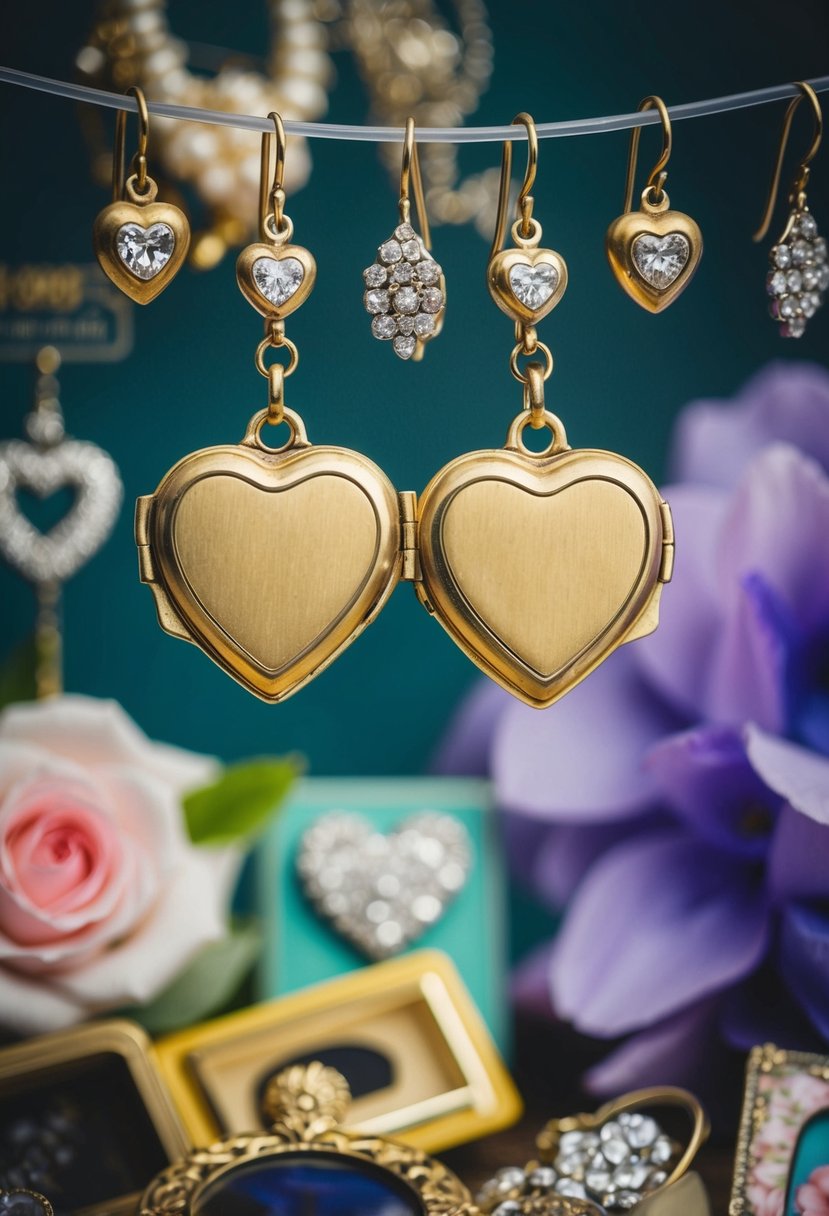 Two heart-shaped lockets dangling from a vintage earring display, surrounded by 90s wedding memorabilia