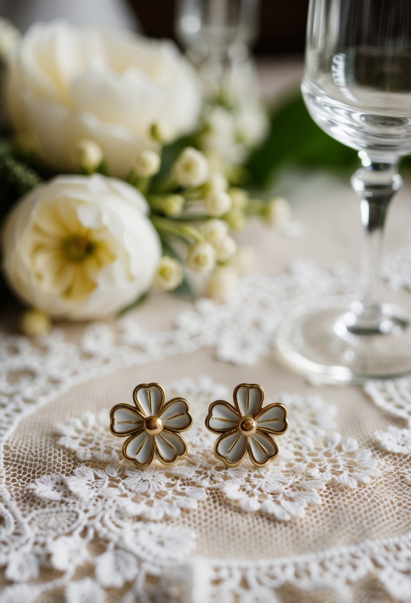 A pair of enamel flower studs sit on a delicate lace tablecloth, surrounded by vintage wedding decor