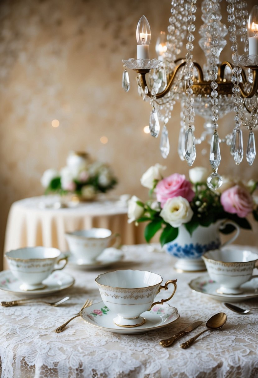 A vintage lace tablecloth adorned with antique teacups, pearls, and crystal chandeliers