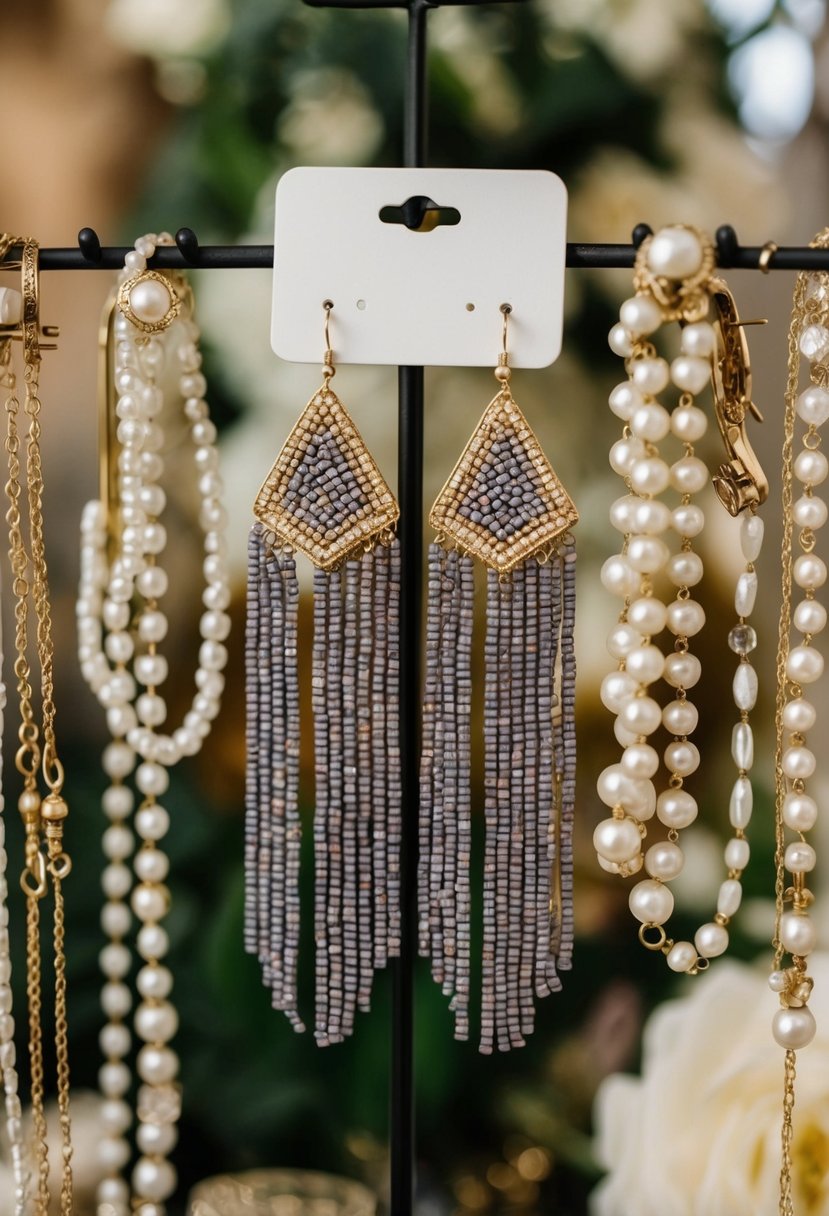 A pair of beaded fringe earrings hanging from a display stand, surrounded by other vintage wedding accessories