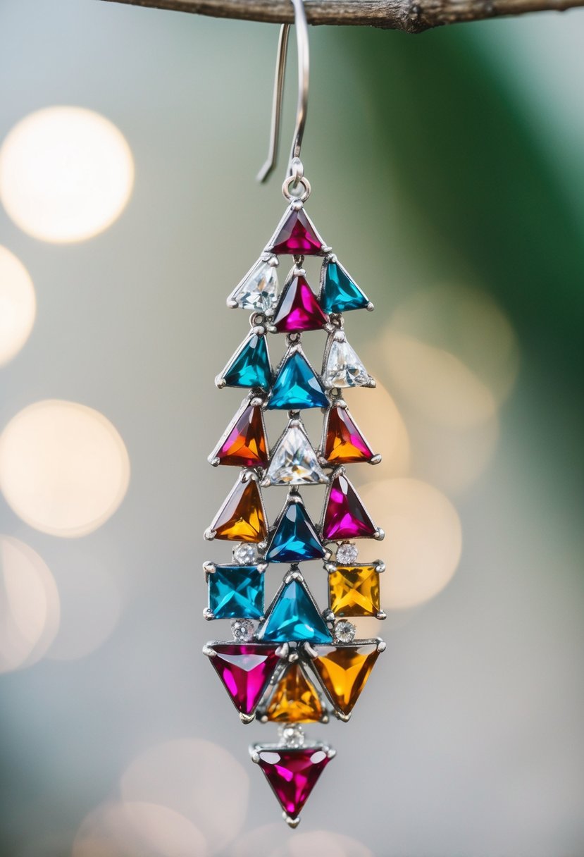 Colorful triangular gems arranged in a cascading pattern, set in silver 90s-style wedding earrings