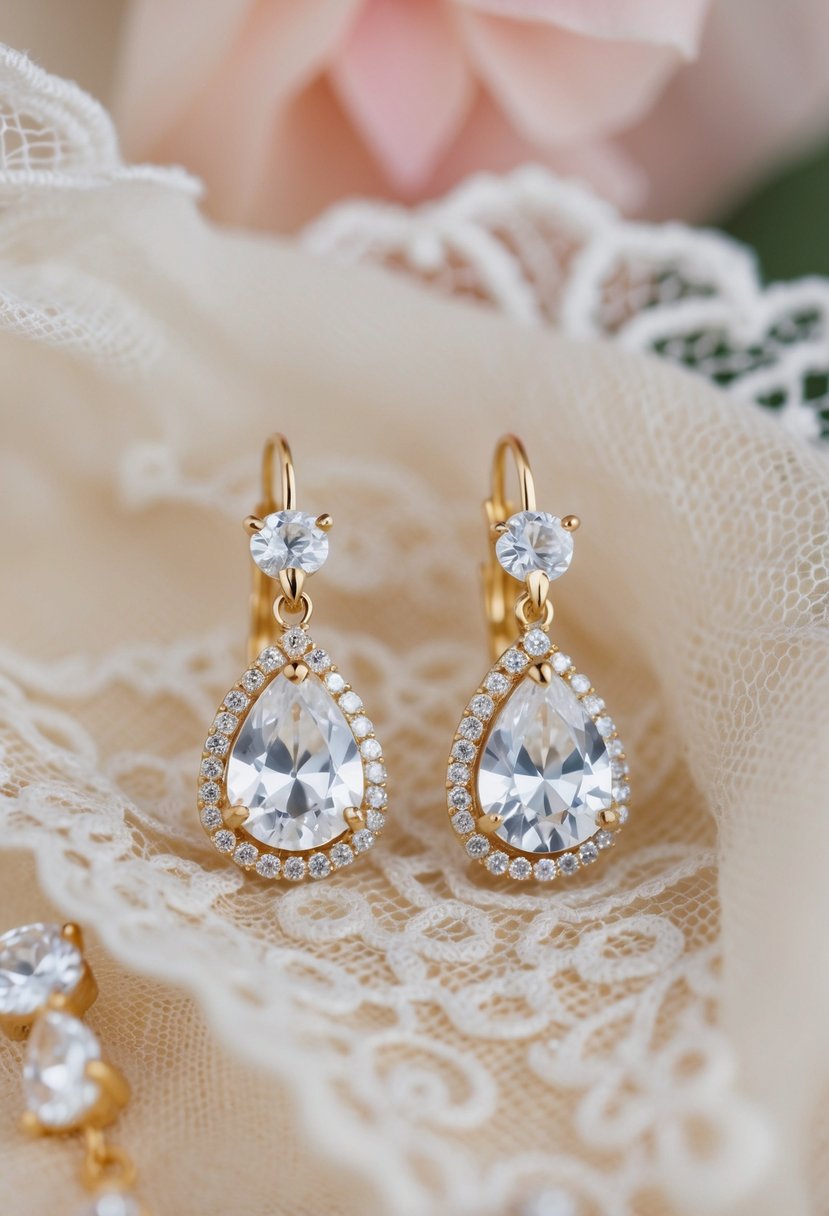 A close-up of vintage-inspired teardrop earrings with sparkling zirconia stones, arranged on a delicate lace fabric background