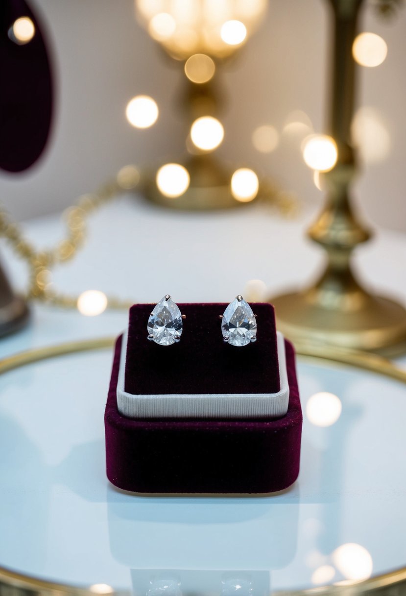 A pair of classic zirconia studs sparkle on a velvet jewelry display, surrounded by soft lighting and elegant decor