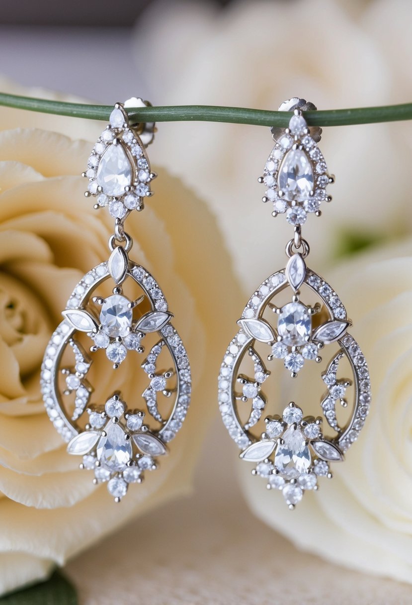 A pair of elegant Art Deco chandelier earrings adorned with sparkling zirconia stones, perfect for a wedding ensemble