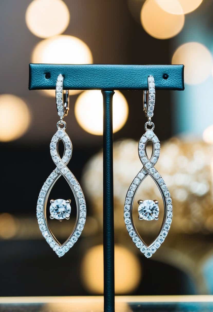 A pair of elegant, dangling infinity design zirconia wedding earrings hanging from a display stand, catching the light and sparkling in a luxurious setting