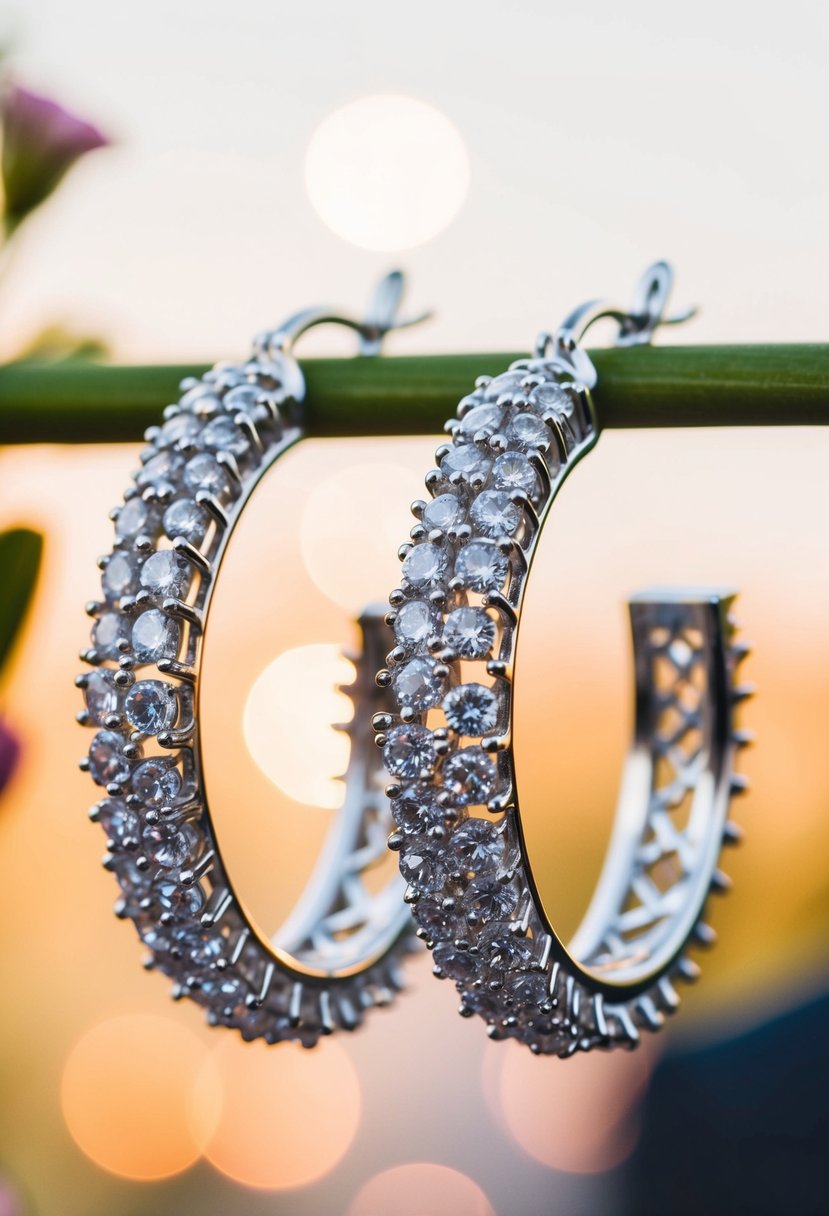 A pair of intricate zirconia hoops adorned with delicate floral designs, glistening in the soft light of a wedding ceremony