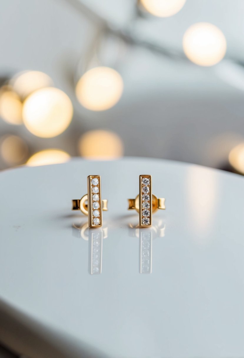 A pair of minimalist bar earrings with zirconia stones, displayed on a sleek, white surface with soft lighting