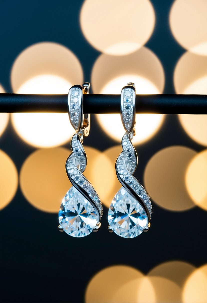 A pair of twisted zirconia drop earrings, sparkling under soft lighting against a dark background