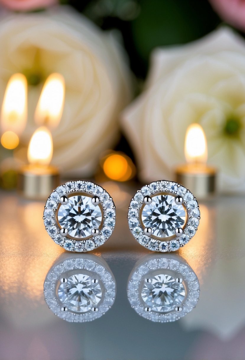 A sparkling pair of halo stud earrings adorned with zirconia, set against a romantic wedding backdrop of flowers and candlelight