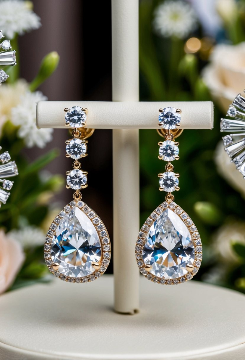 A pair of pear-cut zirconia earrings cascading from a display, surrounded by wedding-themed decorations