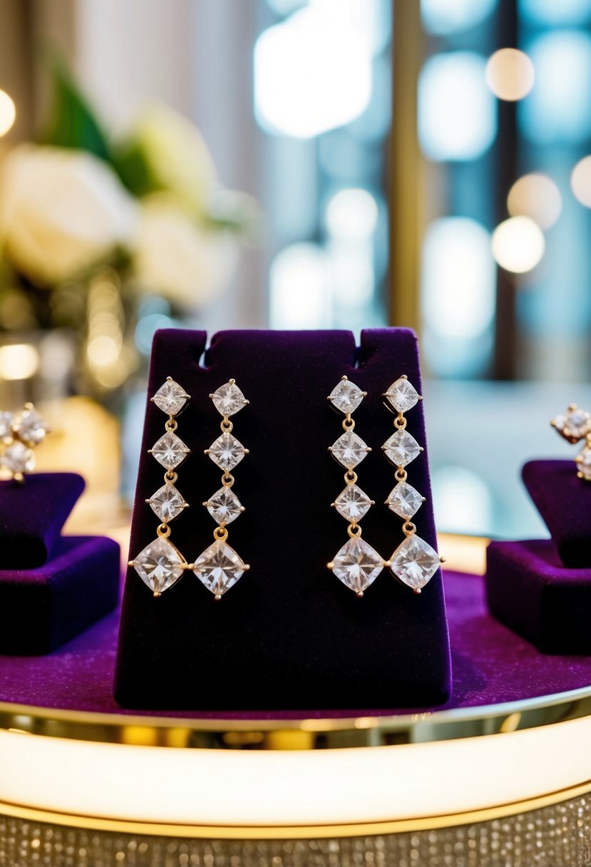 A cluster of geometric zirconia earrings arranged on a velvet display, catching the light in a luxurious setting