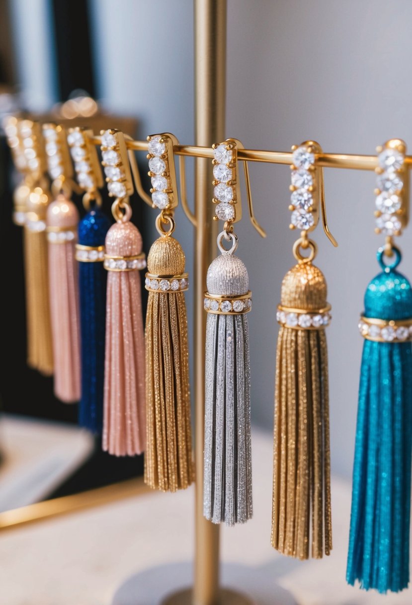 A close-up of bohemian tassel earrings with sparkling zirconia stones, arranged in an elegant and eye-catching display