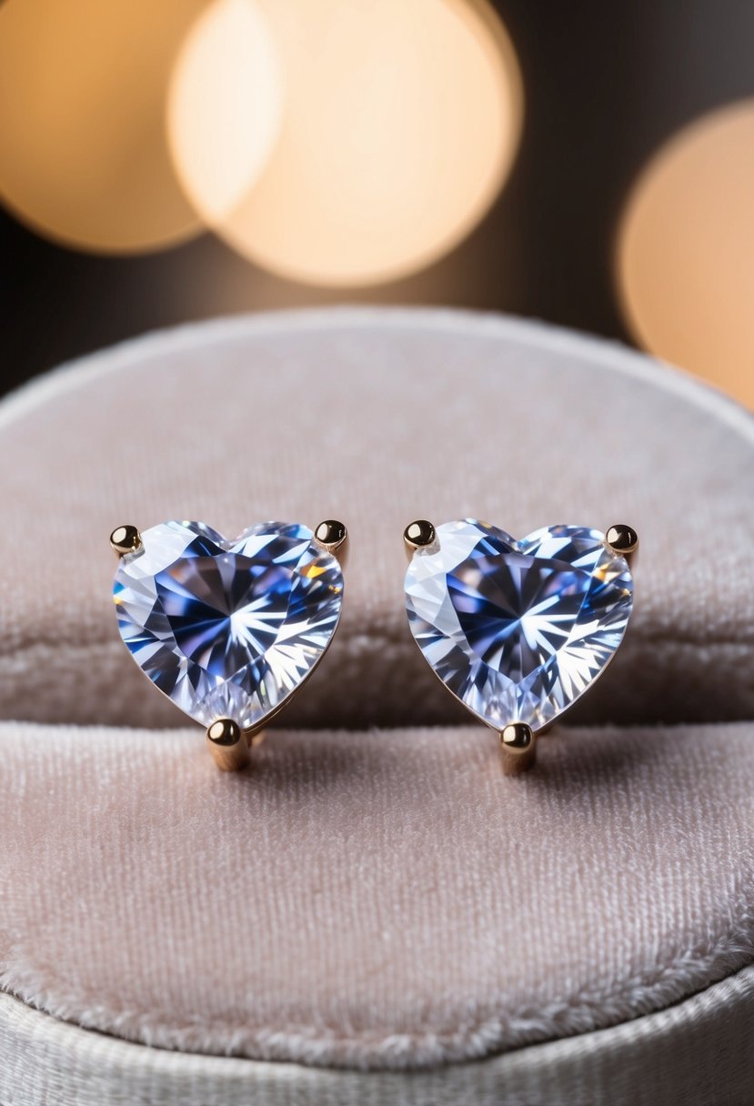 Two heart-shaped zirconia studs displayed on a velvet cushion with soft lighting